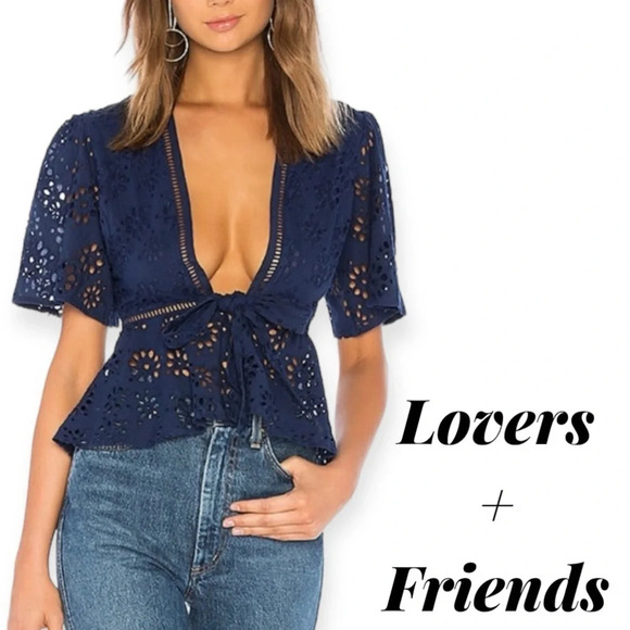 Lovers + Friends navy blue eyelet lace 
Thea Top in Deep Navy tie front top - Picture 1 of 9